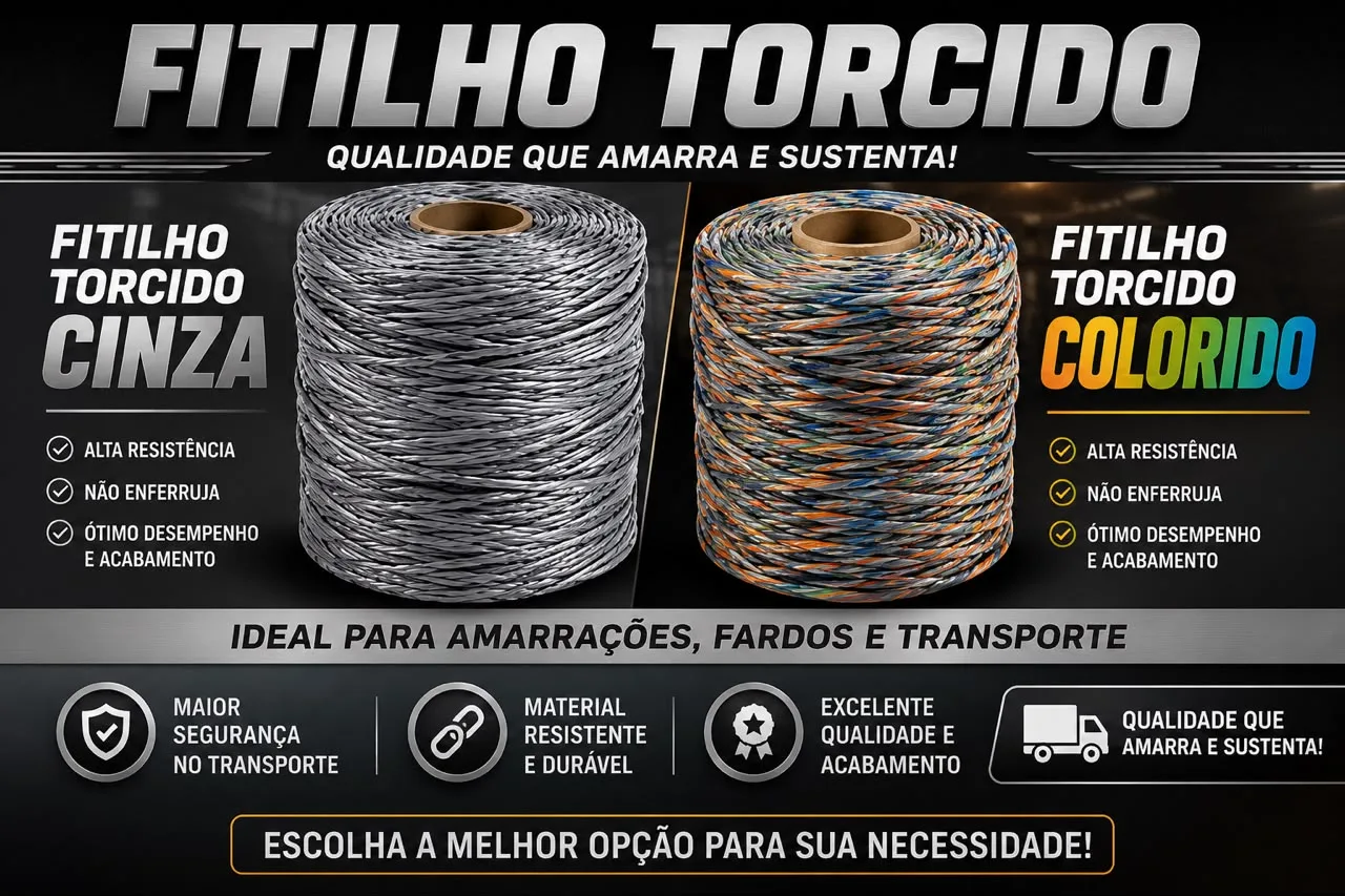 Fitilho torcido cinza e colorido vendido pela Targino Fitilhos